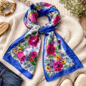 Liz Claiborne Floral Silk Scarf Blue Pink Red Yellow Purple 30" X 29.5"